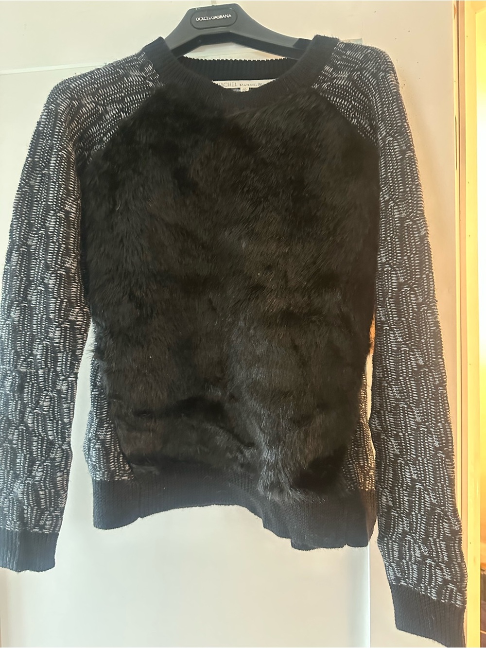 RACHEL Rachel Roy Black Faux-Fur Front Knit Pullover